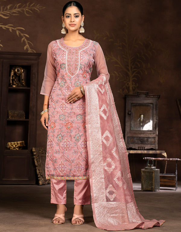 sophisticated pink organza designer party wear salwar suit with pink santoon 13630-acy3889 Front View