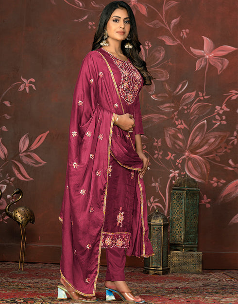classy pink organza designer party wear salwar suit with pink santoon 13630-acy3892 Back View