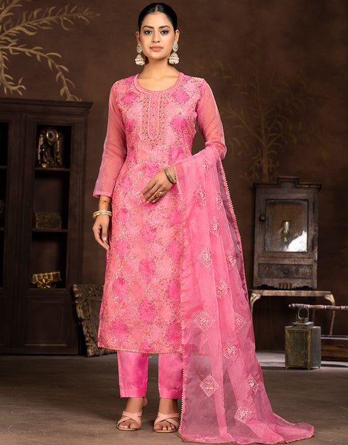 trendy pink organza designer party wear salwar suit with pink santoon 13631-acy3895 Front View