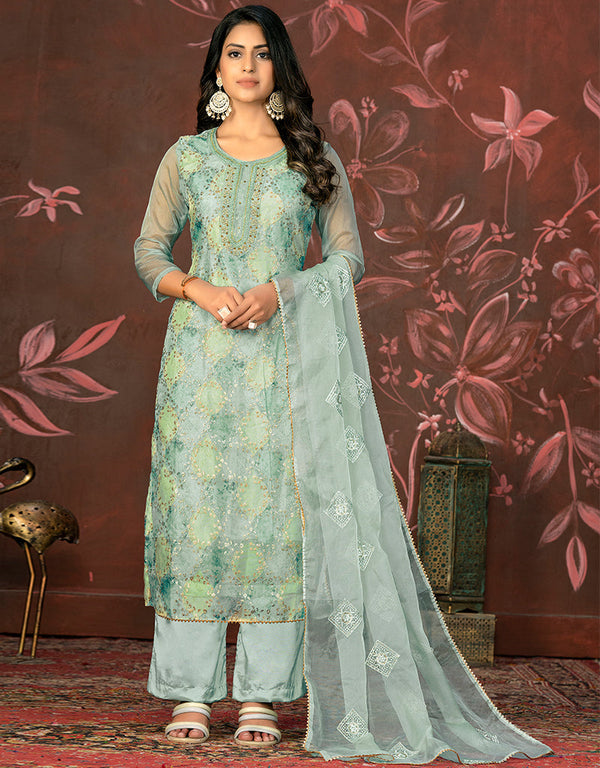 elegant grey organza designer party wear salwar suit with grey santoon 13631-acy3896 Front View