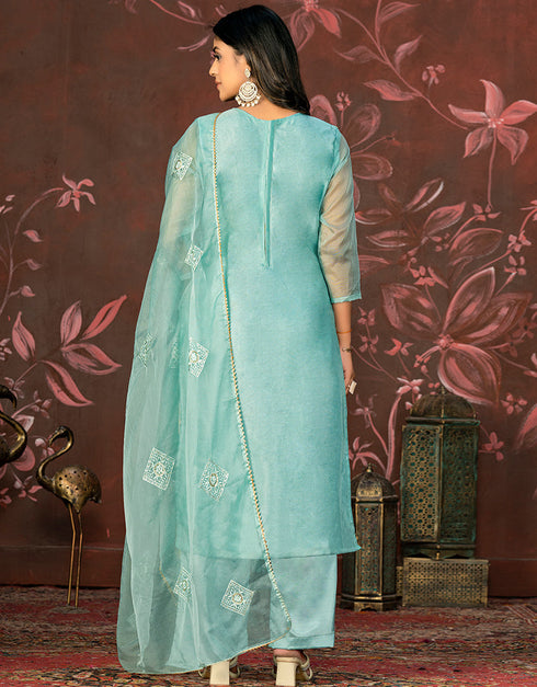 fashionable blue organza designer party wear salwar suit with blue santoon 13631-acy3897 Close-up View