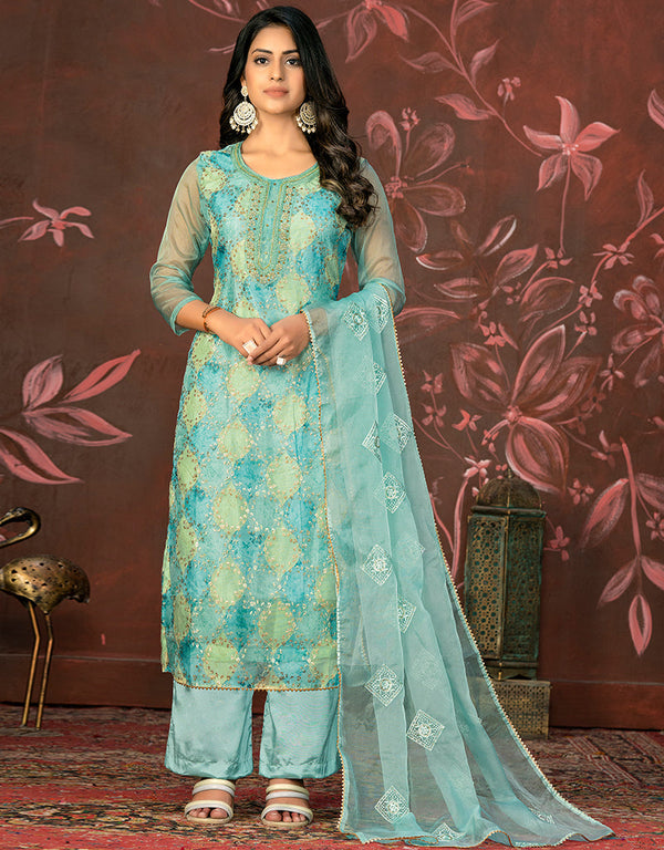 fashionable blue organza designer party wear salwar suit with blue santoon 13631-acy3897 Front View
