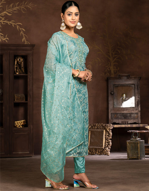 sleek blue organza designer party wear salwar suit with blue santoon 13631-acy3898 Back View