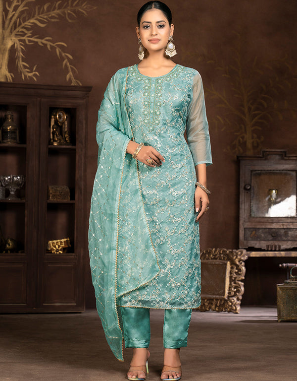 sleek blue organza designer party wear salwar suit with blue santoon 13631-acy3898 Front View