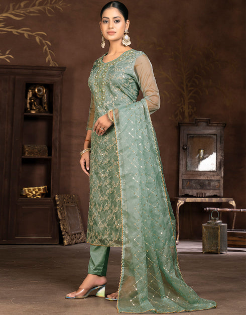 modern green organza designer party wear salwar suit with green santoon 13631-acy3899 Back View