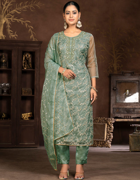 modern green organza designer party wear salwar suit with green santoon 13631-acy3899 Front View