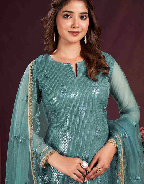 stylish turquoise butterfly net designer party wear salwar suit with turquoise american crepe 13632-acy3902 Close-up View
