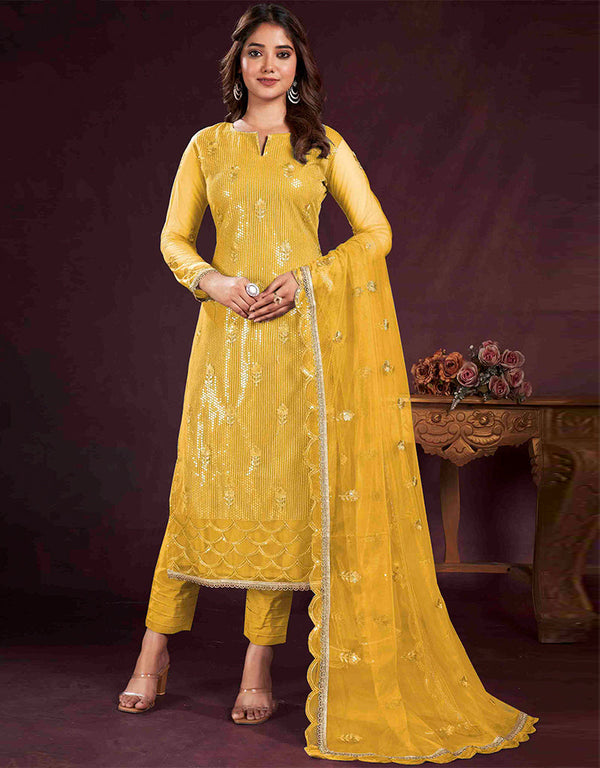 chic yellow butterfly net designer party wear salwar suit with yellow american crepe 13632-acy3903 Front View