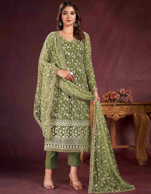 fashionable green butterfly net designer party wear salwar suit with green american crepe 13632-acy3906 Front View