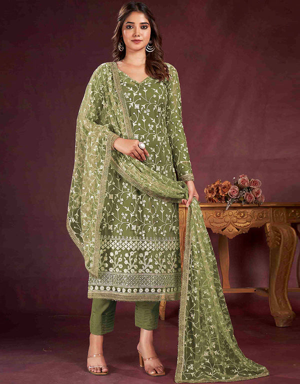 fashionable green butterfly net designer party wear salwar suit with green american crepe 13632-acy3906 Front View