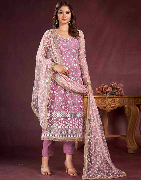sleek pink butterfly net designer party wear salwar suit with pink american crepe 13632-acy3907 Front View