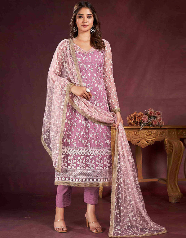 sleek pink butterfly net designer party wear salwar suit with pink american crepe 13632-acy3907 Front View