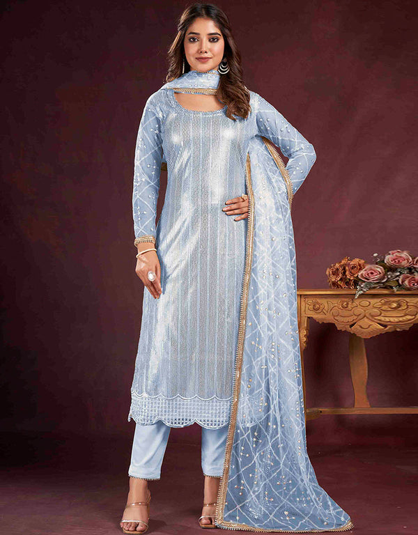 chic sky blue butterfly net designer party wear salwar suit with sky blue american crepe 13632-acy3914 Front View