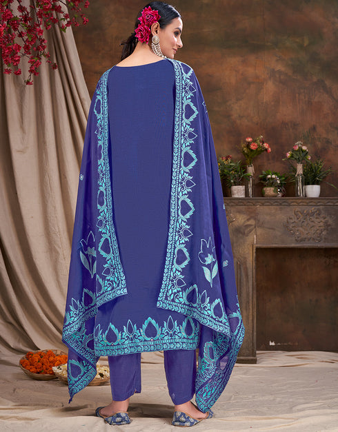 chic blue viscose designer party wear readymade salwar suit with blue gadwal silk 13636-acy3931 Close-up View