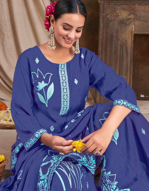 chic blue viscose designer party wear readymade salwar suit with blue gadwal silk 13636-acy3931 Back View