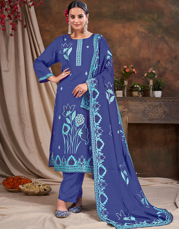 chic blue viscose designer party wear readymade salwar suit with blue gadwal silk 13636-acy3931 Front View