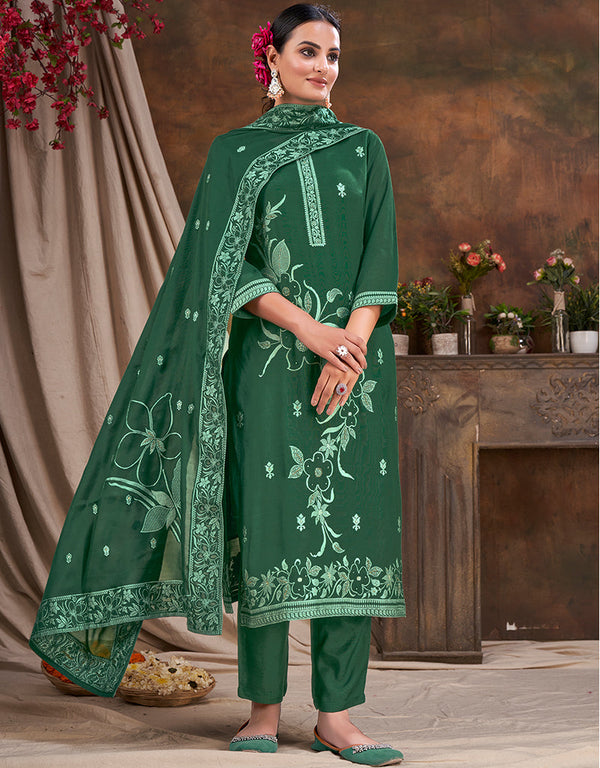 trendy green viscose designer party wear readymade salwar suit with green gadwal silk 13636-acy3932 Front View