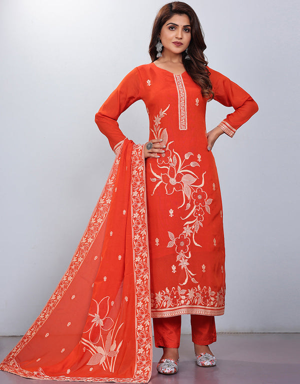 elegant orange viscose designer party wear readymade salwar suit with orange gadwal silk 13636-acy3933 Front View