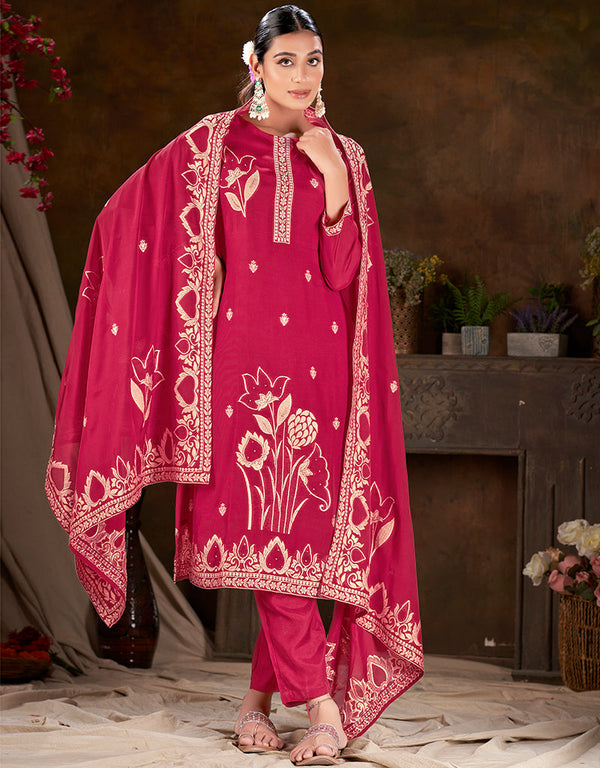 fashionable pink viscose designer party wear readymade salwar suit with pink gadwal silk 13636-acy3934 Front View