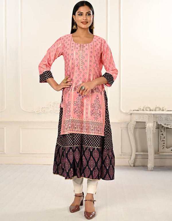stylish designer foil printed,embroidery work cotton trendy designer party wear readymade long kurti collection with pink 13637-acy3936 Front View