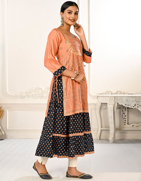 chic designer foil printed,embroidery work cotton trendy designer party wear readymade long kurti collection with peach 13637-acy3937 Side View