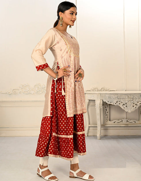 trendy designer foil printed,embroidery work cotton trendy designer party wear readymade long kurti collection with cream 13637-acy3938 Side View