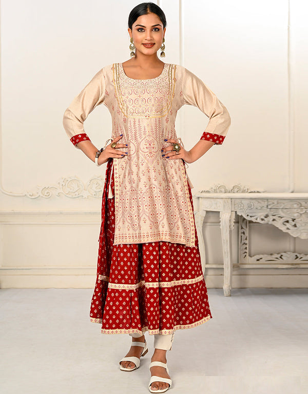 trendy designer foil printed,embroidery work cotton trendy designer party wear readymade long kurti collection with cream 13637-acy3938 Front View
