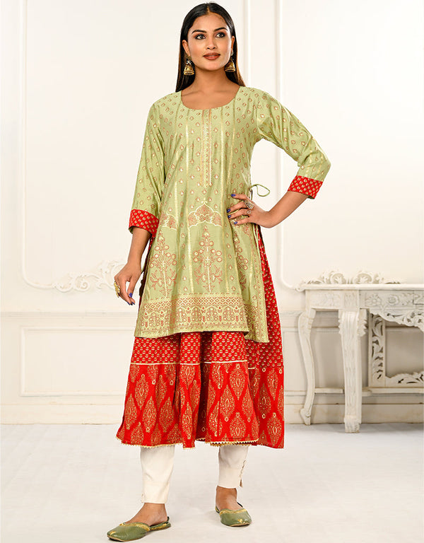 elegant designer foil printed,embroidery work cotton trendy designer party wear readymade long kurti collection with green 13637-acy3939 Front View