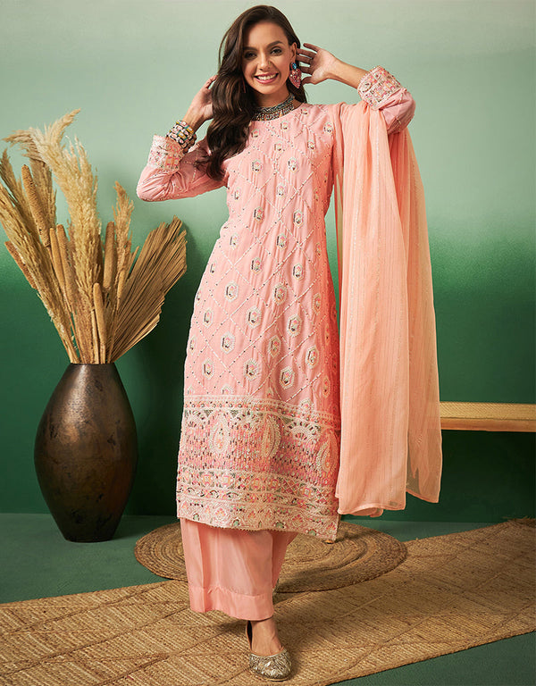 chic peach georgette trendy designer party wear salwar suit with peach georgette 13641-acy3967 Front View
