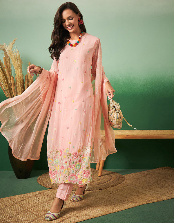 fashionable peach georgette trendy designer party wear salwar suit with peach georgette 13641-acy3970 Front View