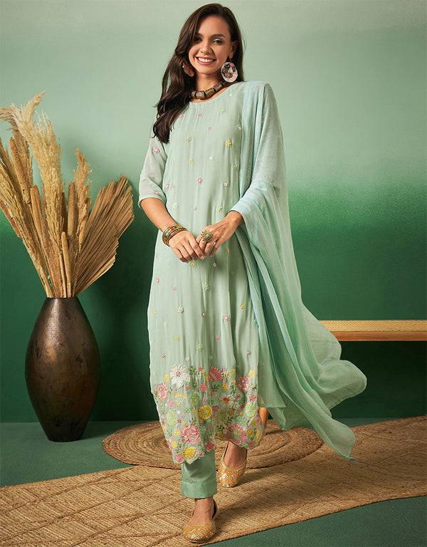 glamorous aqua blue georgette trendy designer party wear salwar suit with aqua blue georgette 13641-acy3974 Front View