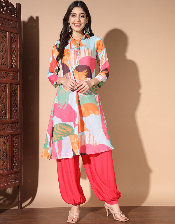 stylish gajri muslin trendy party wear readymade top bottom collection suit design pant 13444-acy3989 Front View