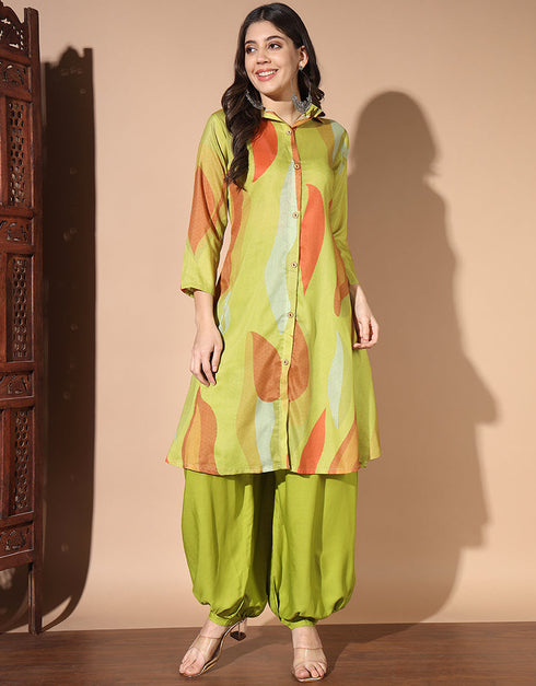 chic green muslin trendy party wear readymade top bottom collection suit design pant 13444-acy3990 Front View