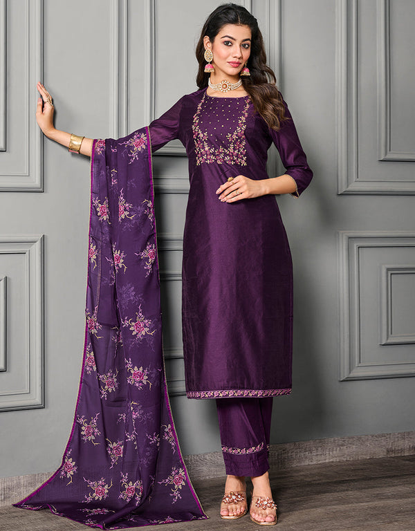 classy purple cotton silk designer party wear readymade salwar suit with purple chanderi 13656-acy4053 Front View