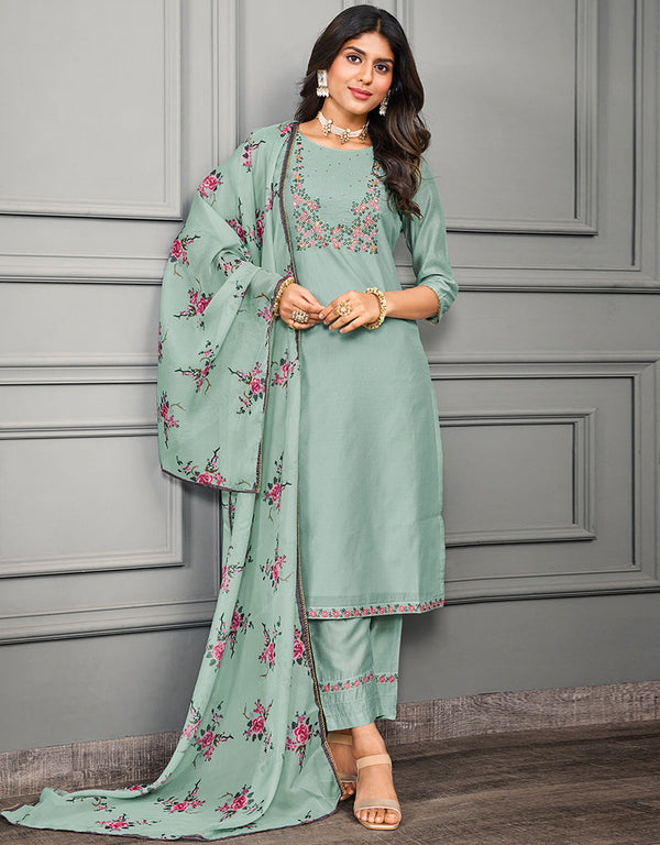 stylish olive cotton silk designer party wear readymade salwar suit with olive chanderi 13656-acy4054 Front View