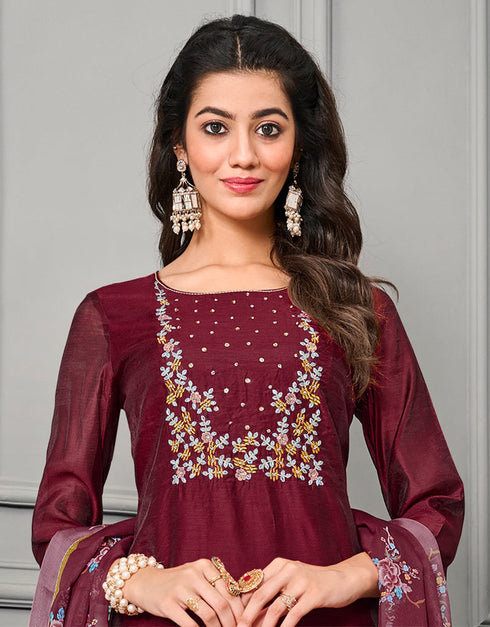 chic maroon cotton silk designer party wear readymade salwar suit with maroon chanderi 13656-acy4055 Close-up View