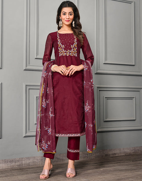 chic maroon cotton silk designer party wear readymade salwar suit with maroon chanderi 13656-acy4055 Front View