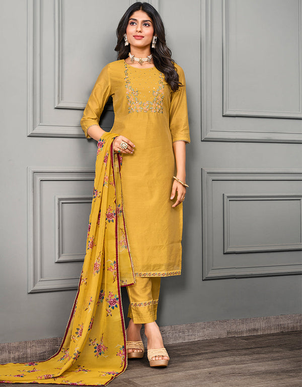 trendy yellow cotton silk designer party wear readymade salwar suit with yellow chanderi 13656-acy4056 Front View