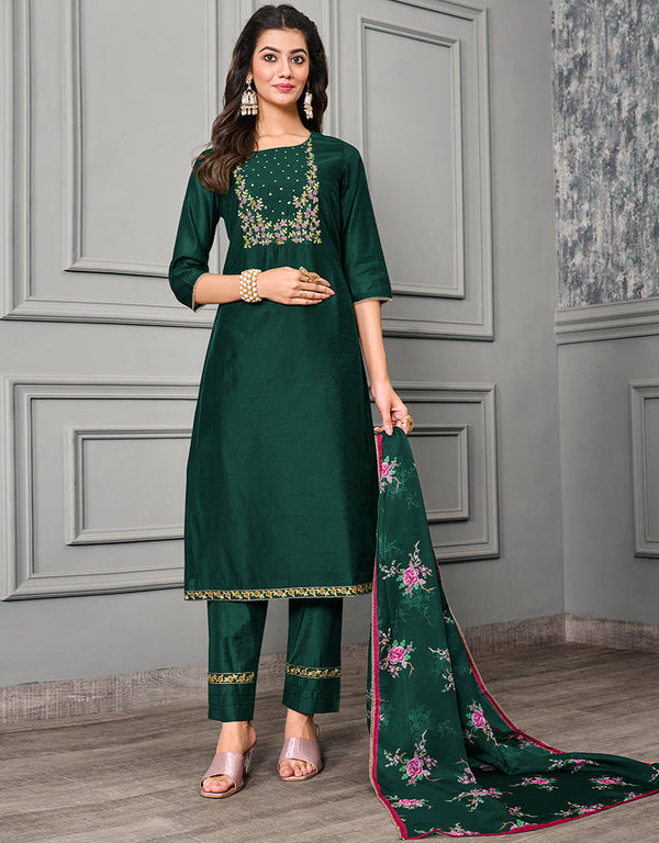 fashionable green cotton silk designer party wear readymade salwar suit with green chanderi 13656-acy4058 Front View