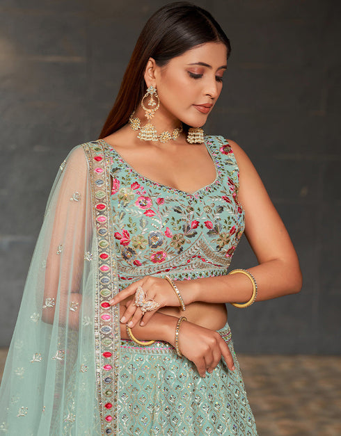 modern sky blue georgette designer party wear lehenga choli with sky blue georgette 13658-acy4064 Back View