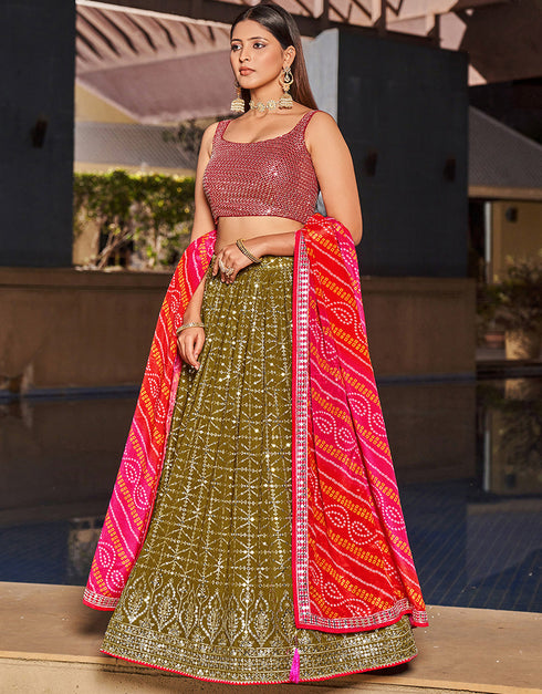 glamorous pink georgette designer party wear lehenga choli with olive georgette 13658-acy4066 Front View