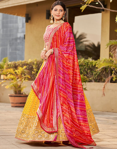 fashionable pink art silk designer party wear lehenga choli with yellow georgette 13658-acy4073 Back View