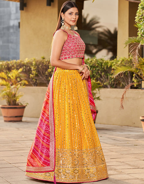 fashionable pink art silk designer party wear lehenga choli with yellow georgette 13658-acy4073 Front View