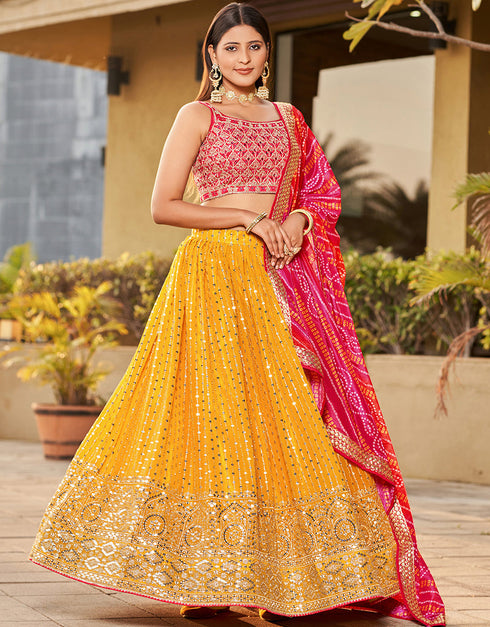 fashionable pink art silk designer party wear lehenga choli with yellow georgette 13658-acy4073 Front View