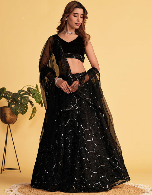 classy black velvet designer party wear lehenga choli with black organza net 13659-acy4079 Front View