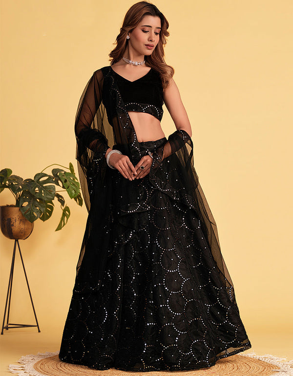 classy black velvet designer party wear lehenga choli with black organza net 13659-acy4079 Front View
