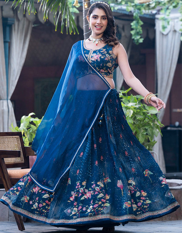 sophisticated blue chinon designer party wear readymade lehenga choli with blue chinon 13664-acy4105 Front View