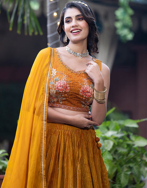 contemporary mustard chinon designer party wear readymade lehenga choli with mustard chinon 13664-acy4107 Close-up View