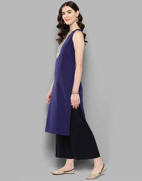 chic embellished blended attrective designer party wear readymade long kurti with navy blue 13635-acy4109 Side View