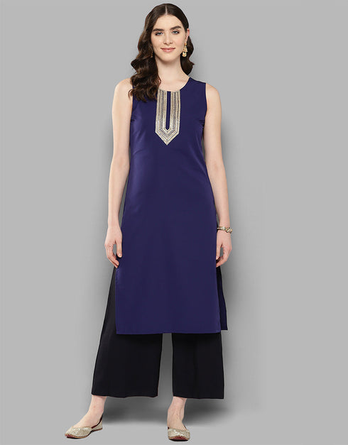 chic embellished blended attrective designer party wear readymade long kurti with navy blue 13635-acy4109 Front View